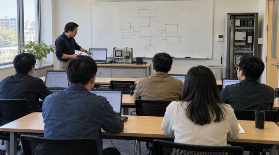 培训教室里，讲师在白板前讲解，学员在笔记本电脑前听课