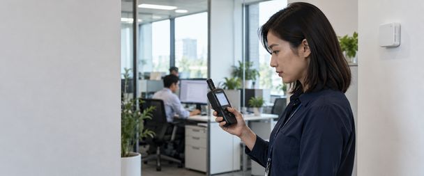 员工手持设备在办公室巡检