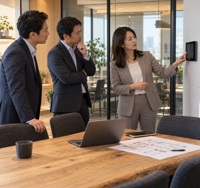 会议室里,一位女士向两位合作伙伴演示墙上的智能控制面板