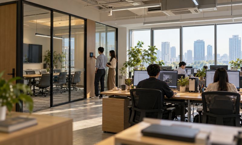 明亮的开放式办公区:员工在工位前办公,一侧是玻璃隔断的会议室