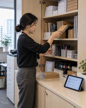 员工在物品架前领取办公用品
