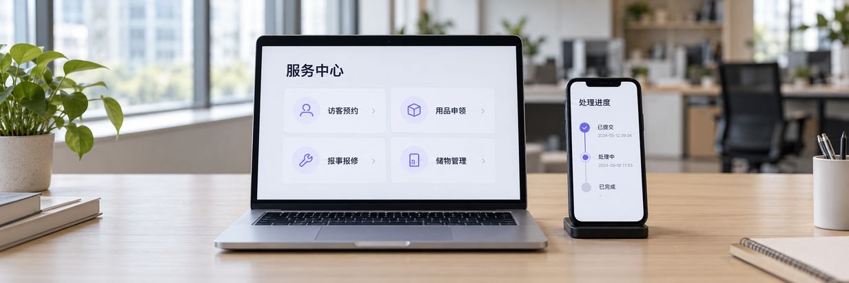 办公桌上显示服务中心界面的笔记本电脑和显示处理进度的手机