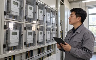 工程师手持平板查看配电柜中的智能电表