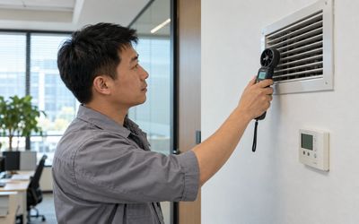技术人员检测墙上的空调出风口