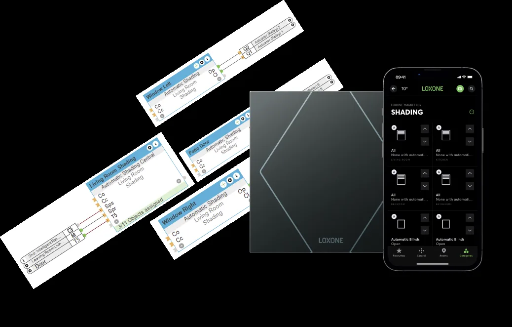MilliSense 应用程序中的遮阳控件屏幕截图、无烟煤中的 MilliSense Touch Pure 以及 MilliSense Config 中用于智能遮阳控制的构建块。